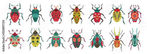 Beetles set whimsical folk art insects. Different fantasy bugs with colorful patterned wings. Stylized cockroach clipart collection for children. Fancy funny vintage bugs vector isolated illustrations photo