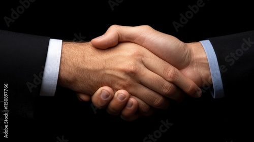 Sealed Deal: A powerful close-up shot of two hands clasped in a firm handshake, symbolizing trust, partnership, and the completion of a successful agreement.  The image is dark and dramatic. photo