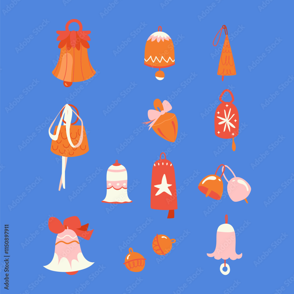 Fototapeta premium Set of vector gold and ceramic Christmas bells with bows isolated on a white background. Perfect for holiday decor, gift wrapping designs, and seasonal greetings