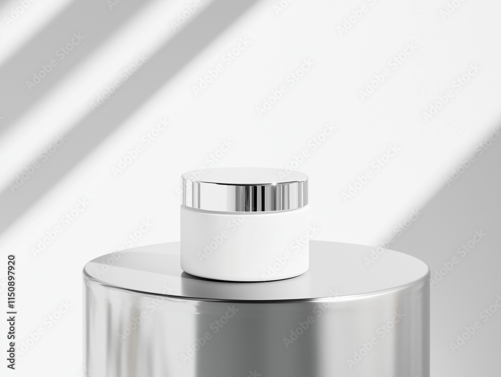 White plastic jar with a silver lid, displayed on a metallic pedestal under natural light, casting soft shadows in a minimalistic environment.