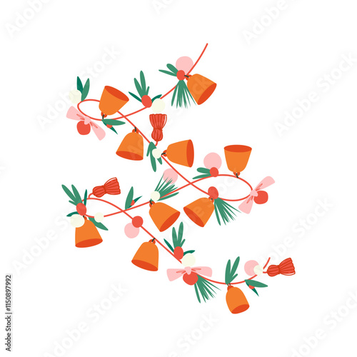 Christmas tree garland with tassel and bell isolated on white Background. Festive Colorful Christmas Lights String Decoration. Vector Graphic for Christmas Cards, Banners, Poster, Web