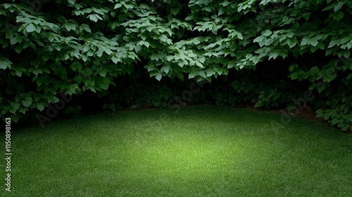 Secret Garden Meadow: Lush green grass bathed in soft light, framed by an enchanting canopy of deep green leaves. A tranquil, mystical scene perfect for fantasy or nature themes.  photo