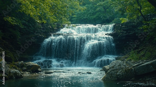 A waterfall is flowing into a river. Generative AI