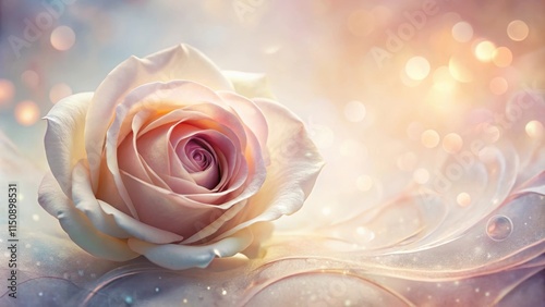 Softly glowing rose petal on a muted abstract background with swirling patterns and soft pastel colors, pink, botanical,  pink