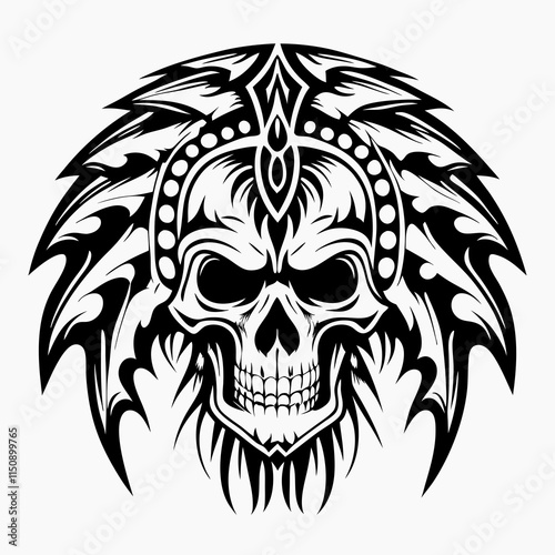 Vector Illustration of a Tribal Death Metal Style Skeleton Head Featuring Intricate, Sharp Lines and an Aggressive, Gothic Design