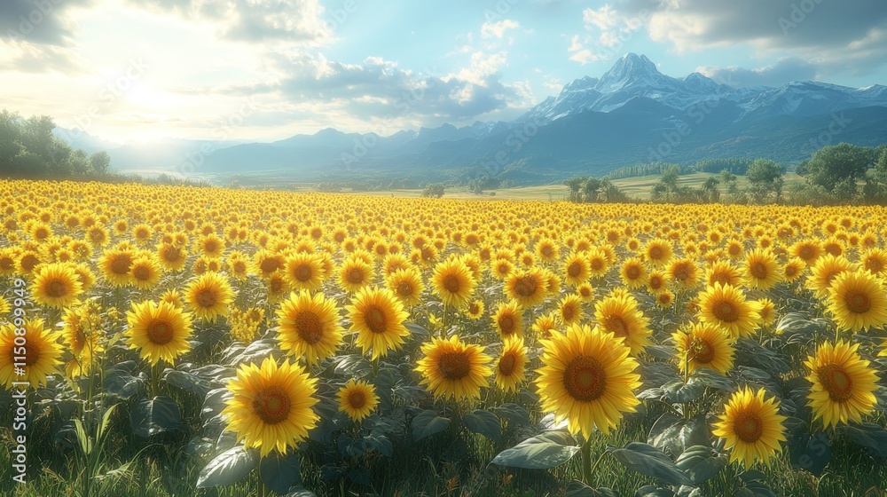 Obraz premium Sunflowers bloom in field, mountains background.