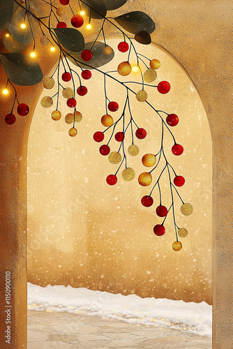 Christmas garland with red berries, gold ornaments, and lights hanging in an archway with snow. Concept of winter holidays, festive decor, cozy Christmas scene.