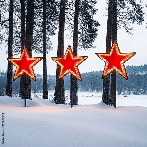 Three large, glowing red stars stand in a snowy forest, illuminating the winter scene. Concept of Christmas, holidays, winter, festive decorations.