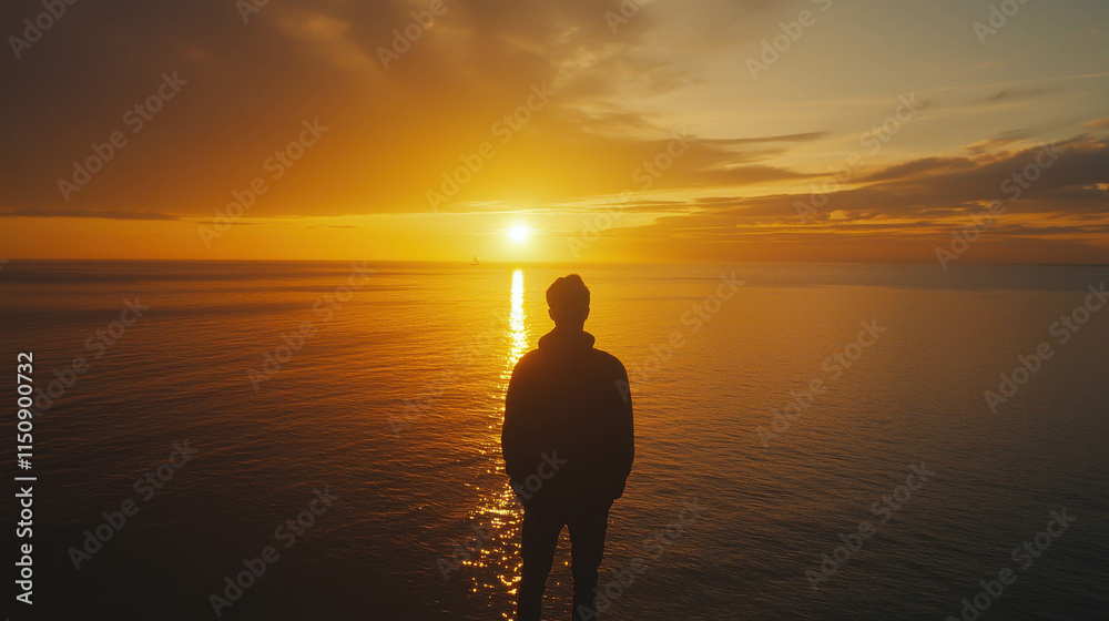 Fototapeta premium Silhouette of a Person Standing at the Edge of Water During a Dramatic Sunset