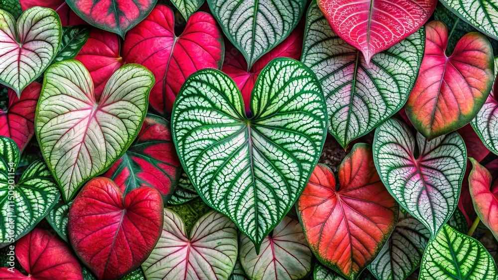 Vibrant heart-shaped foliage in rich red and green hues creates a stunning botanical backdrop Vibrant heart-shaped foliage in rich red and green hues creates a stunning botanical backdrop