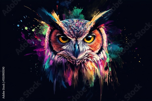 Colorful owl head illustration with bold hues and intricate lines, set against a black background with dynamic paint splashes for an eye-catching, artistic design.

 photo