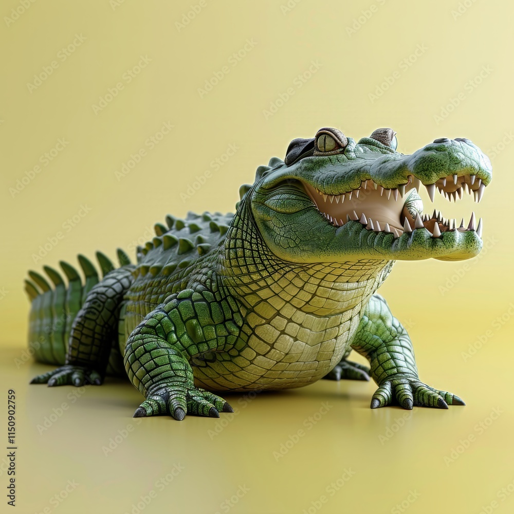 Obraz premium A lifelike crocodile model is displayed against a bright yellow backdrop. This sculpture showcases meticulous details, highlighting the texture of the scales and the fierce expression of the reptile.