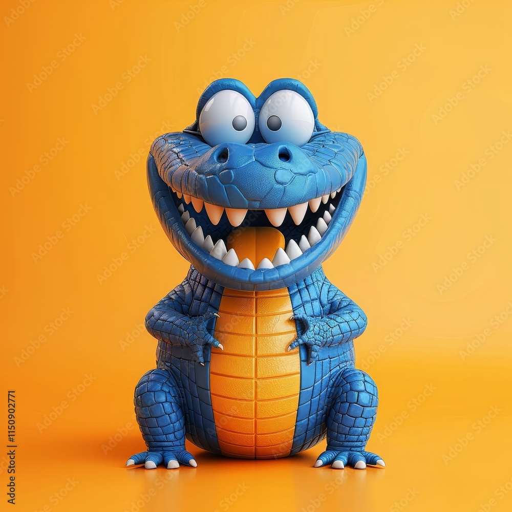 Fototapeta premium A vibrant cartoon crocodile character sits happily against a bright orange background.