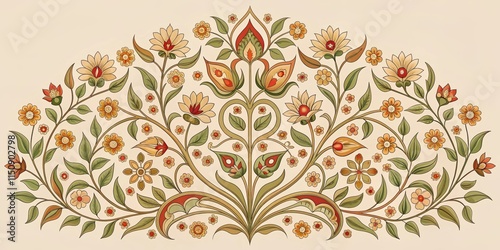 Intricate floral motif with teardrop-shaped petals and curved stems in a symmetrical composition, set against a warm beige background , mughal art, Indian craftsmanship