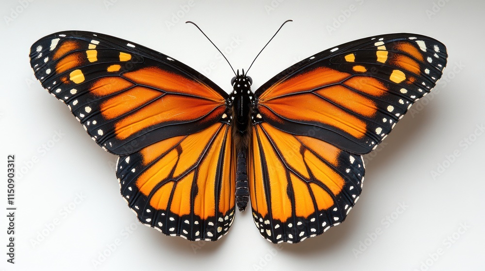 Fototapeta premium Close-up of a monarch butterfly with open wings, showcasing its vibrant orange, black, and white pattern against a white background.