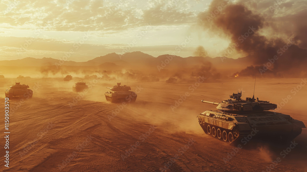 Convoy of Tanks Advancing Through Dusty Desert Landscape During Sunset Convoy of Tanks Advancing Through Dusty Desert Landscape During Sunset