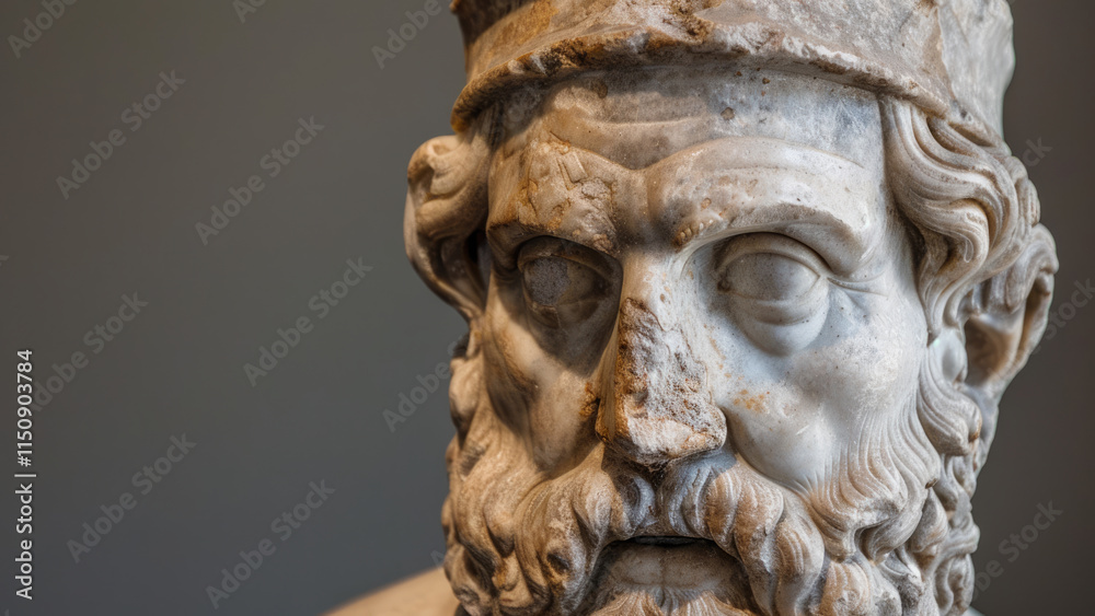 Close-up of an ancient marble statue with detailed features Close-up of an ancient marble statue with detailed features