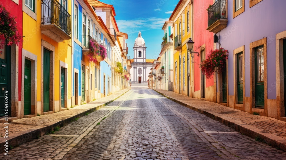 Fototapeta premium Colorful Street with Church in Background