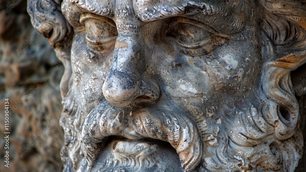 Close-up of an ancient marble statue with detailed features Close-up of an ancient marble statue with detailed features