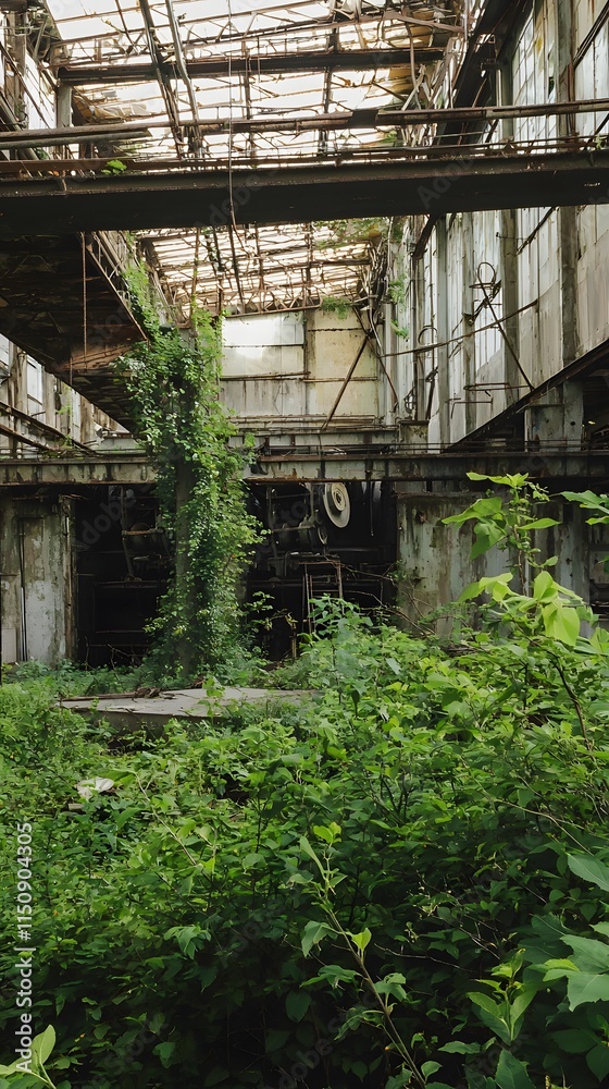 An overgrown industrial complex, where nature has reclaimed the area, covering rusted buildings and equipment with greenery. An overgrown industrial complex, where nature has reclaimed the area, covering rusted buildings and equipment with greenery.
