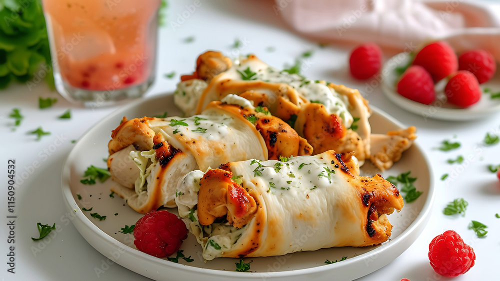 Grilled Chicken Wraps with Creamy Sauce and Fresh Raspberries, A Healthy and Flavorful Meal Grilled Chicken Wraps with Creamy Sauce and Fresh Raspberries, A Healthy and Flavorful Meal