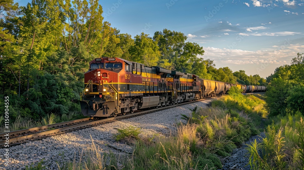 Freight Train at Sunset, Rolling Through Lush Green Landscape Freight Train at Sunset, Rolling Through Lush Green Landscape