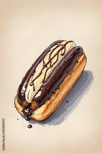 Golden Hot Dog Delight: A Realistic Painting with Chocolate Sauce photo