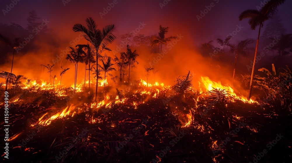 Fototapeta premium Rainforest burning at night with orange flames and smoke.