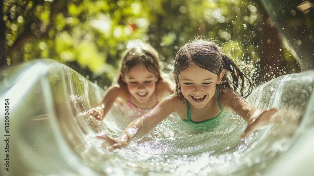 Obraz premium Two happy girls sliding down a water slide outdoors on a sunny day.