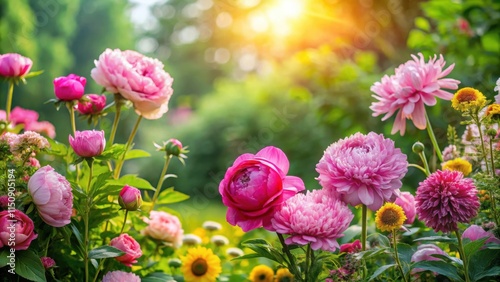 Fototapeta Naklejka Na Ścianę i Meble -  Pink peonies and roses in a lush garden with greenery and sunflowers in the background