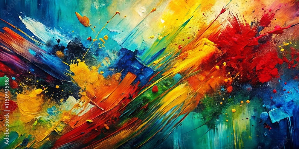 Naklejka premium Vibrant Abstract Painting with Dynamic Brushstrokes and Bold Color Splashes