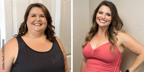 a very overweight woman before and after and the same woman very thin diet, gastric reduction, gastric balloon, front view