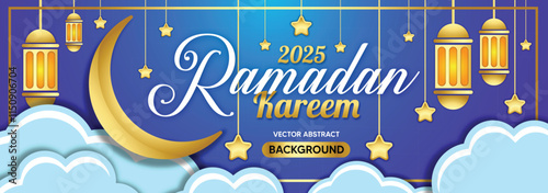 Illustration celebrating Ramadan Kareem 2025 featuring a crescent moon, lanterns, and decorative designs, perfect for religious. Vector illustration for greeting card, poster and flyer. Place for Text