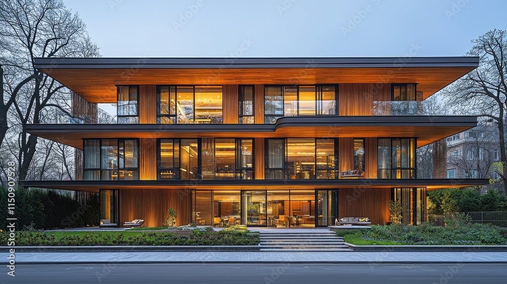 Fototapeta premium Modern architectural design featuring a sleek wooden facade and expansive glass windows.