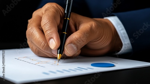 Close-up of Hand Signing Contract: A businessman's hand carefully signs a document, pen poised over a graph, symbolizing the finalization of a deal or agreement.  The image conveys trust, commitment. photo