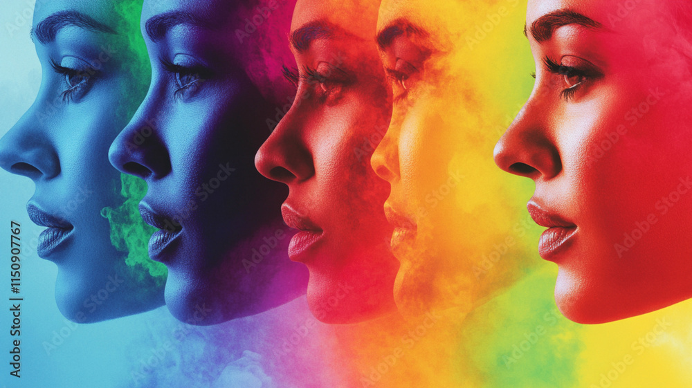 Obraz premium Colorful Smoke Portraits of Diverse Women in Profile with Vibrant Hues and Artistic Effects for Creative Projects and Marketing Uses