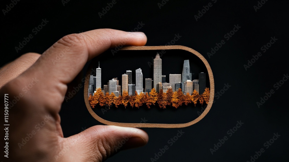 Miniature Cityscape: A hand delicately holds a miniature cityscape within a wooden frame, the intricate details of the buildings and foliage creating a sense of awe and wonder. Miniature Cityscape: A hand delicately holds a miniature cityscape within a wooden frame, the intricate details of the buildings and foliage creating a sense of awe and wonder.