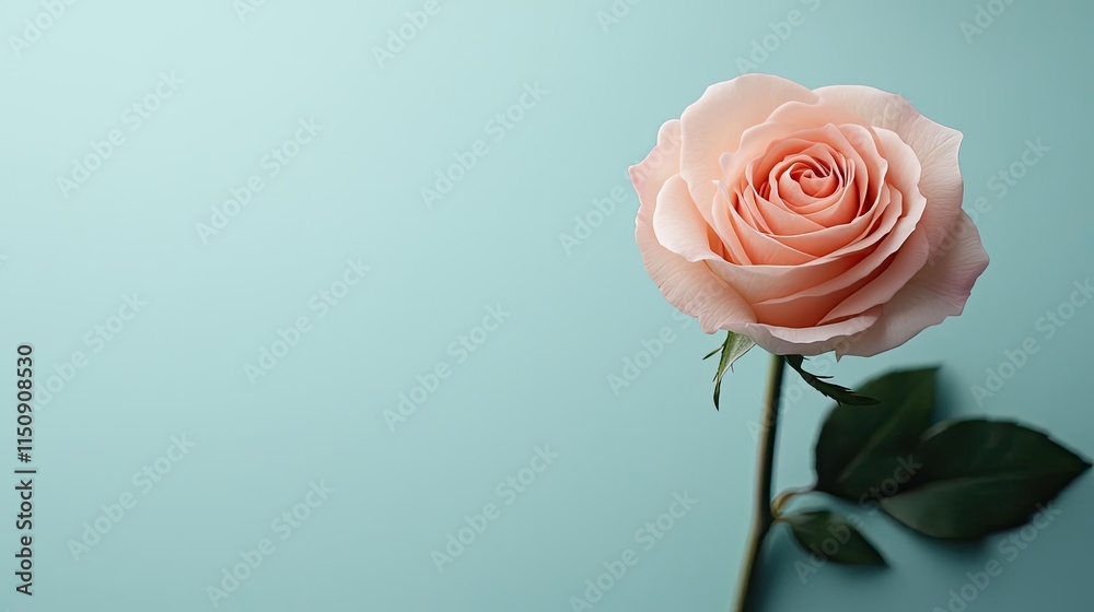 Minimal rose idea. A delicate pink rose with soft petals against a soothing blue background. Minimal rose idea. A delicate pink rose with soft petals against a soothing blue background.