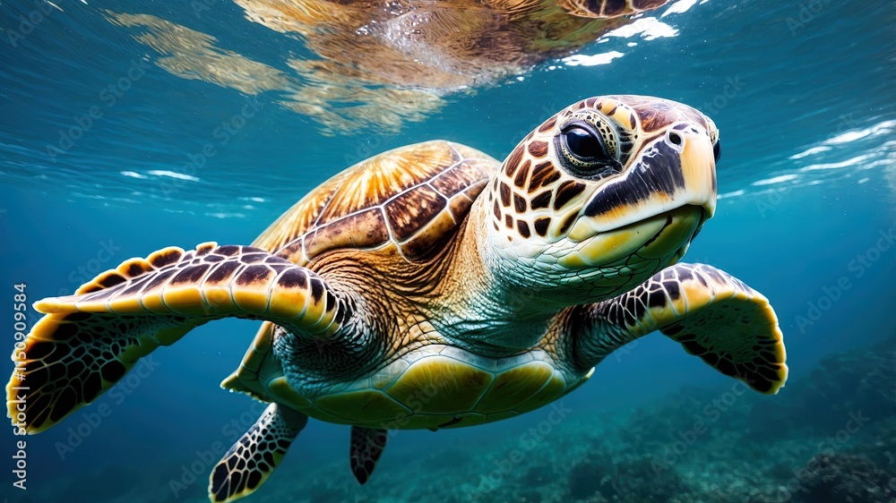Fototapeta premium Portrait of a happy sea turtle swimming underwater