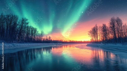 Wallpaper Mural Northern lights reflecting in a frozen river at sunrise. Torontodigital.ca