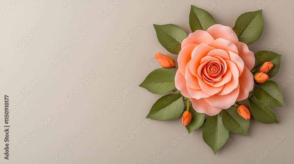 Fototapeta premium Minimal rose concept. Beautiful peach rose with green leaves and buds on a soft background.