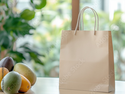 Beige paper bags displayed on a wooden table with tropical fruits like papayas, mangoes, and passion fruits in a lush, green environment. Ideal for eco-friendly or tropical-themed packaging visuals. photo