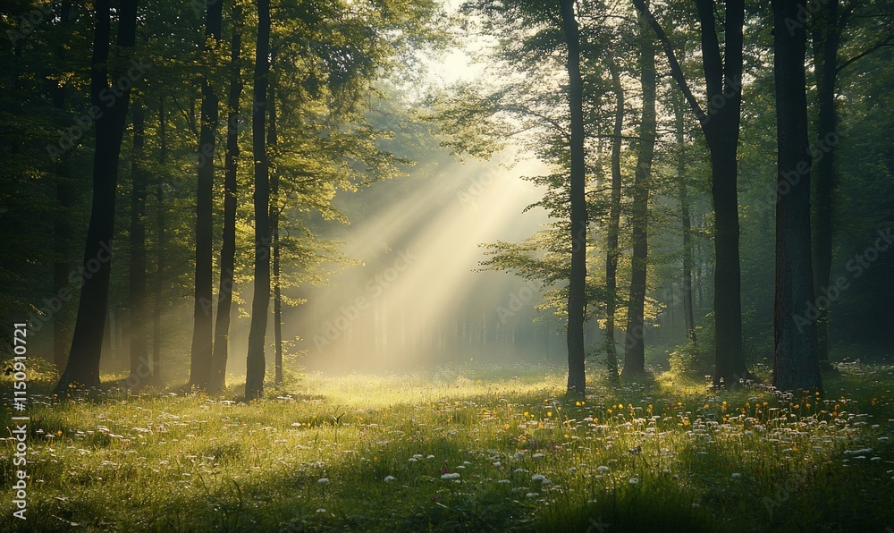 Obraz premium Sunbeams illuminating misty forest clearing with wildflowers.