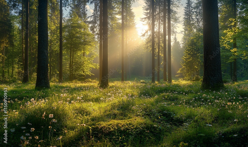 Naklejka premium Sunbeams illuminating a lush forest floor covered in wildflowers.