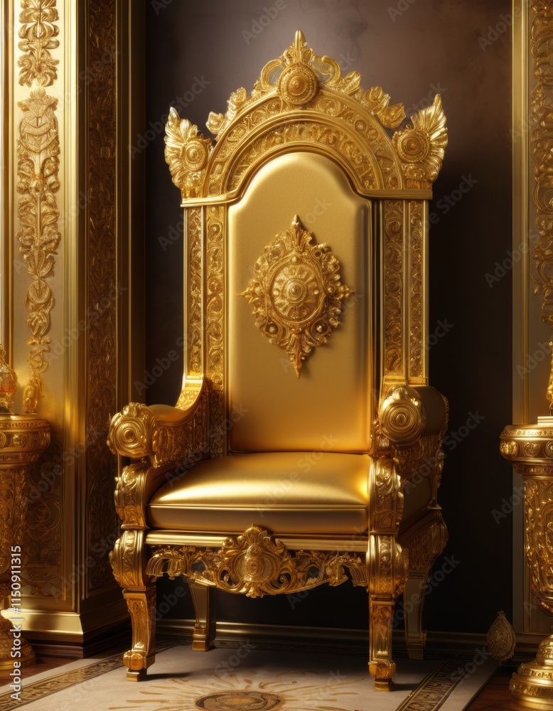 A regal golden throne with intricate carvings and a jewel-encrusted back, standing majestically in a grand chamber. A regal golden throne with intricate carvings and a jewel-encrusted back, standing majestically in a grand chamber.