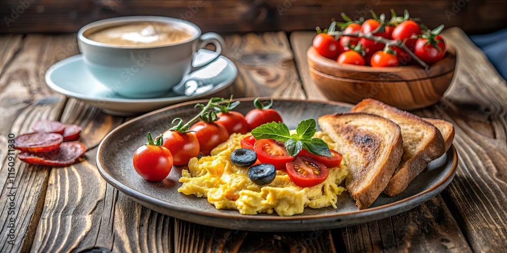 Scrumptious Breakfast Plate Featuring Scrambled Eggs, Toasted Bread, Cherry Tomatoes, and Berries Scrumptious Breakfast Plate Featuring Scrambled Eggs, Toasted Bread, Cherry Tomatoes, and Berries