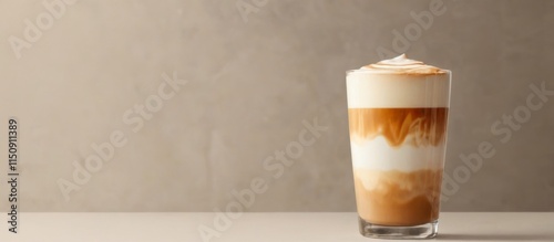 Tall glass of frothy coffee on beige background  warm and inviting latte or cappuccino concept.