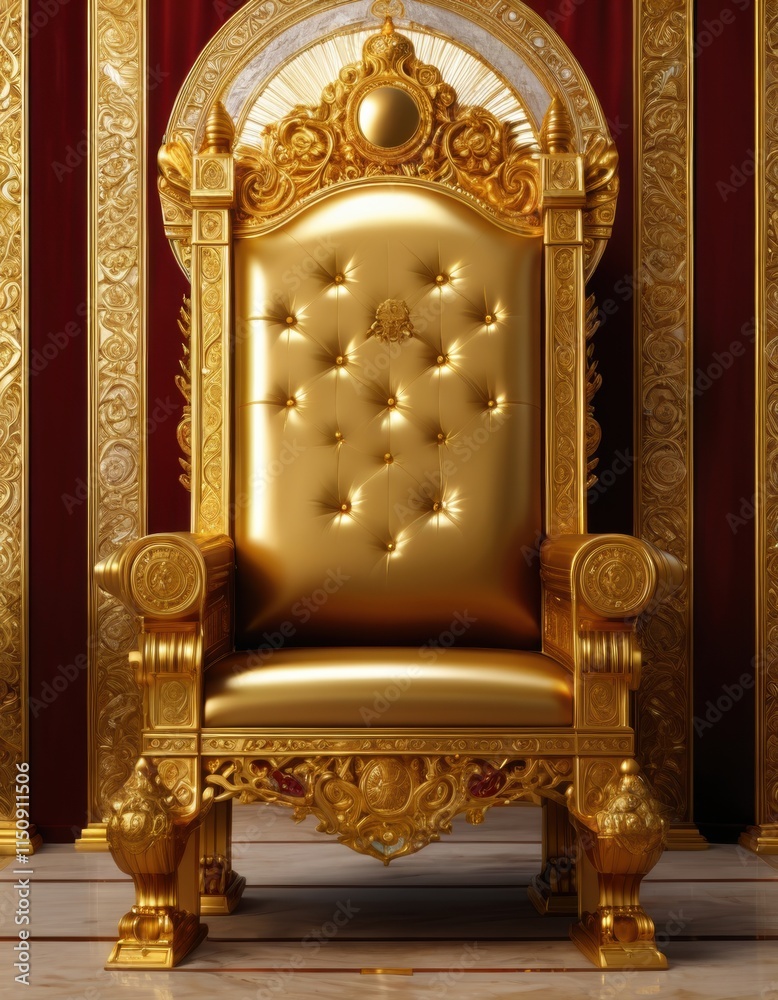 A regal golden throne with intricate carvings and a jewel-encrusted back, standing majestically in a grand chamber. A regal golden throne with intricate carvings and a jewel-encrusted back, standing majestically in a grand chamber.