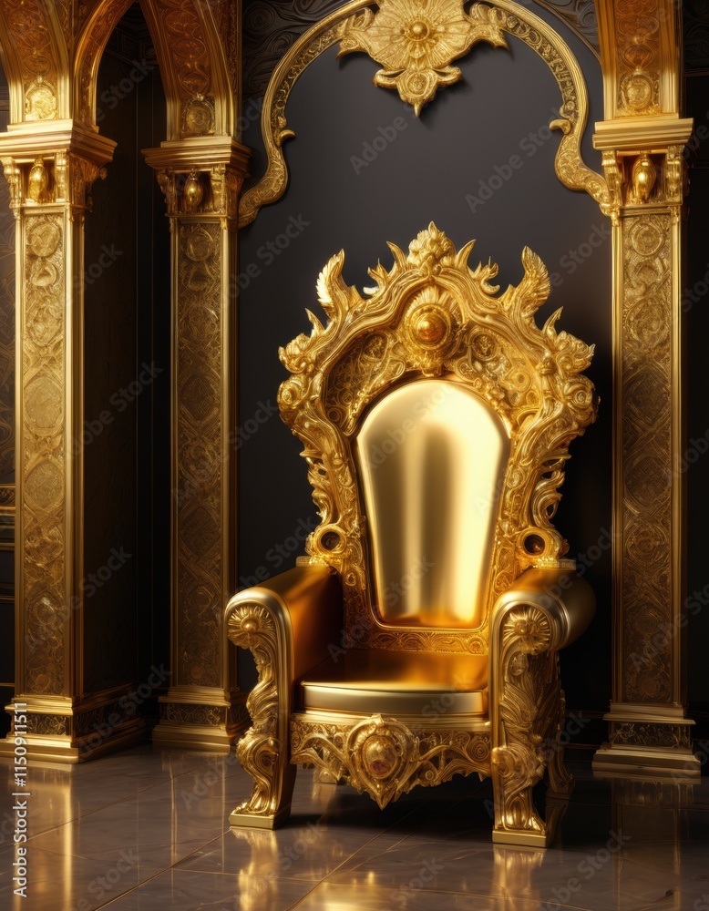 A regal golden throne with intricate carvings and a jewel-encrusted back, standing majestically in a grand chamber. A regal golden throne with intricate carvings and a jewel-encrusted back, standing majestically in a grand chamber.
