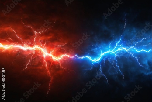 Dual Colored Lightning Bolts Striking in Opposite Directions Against Dramatic Dark Sky in Digital Illustration